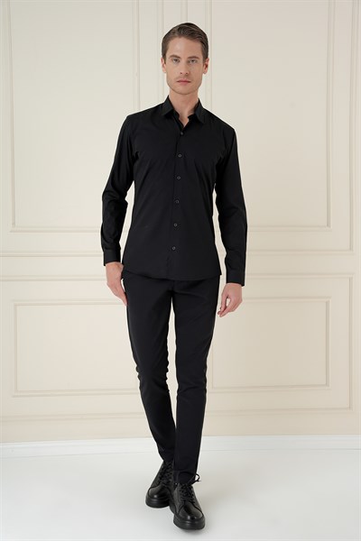 Slim Fit Erkek Yaka Esnek Pamuk Uzun Kol Siyah Gömlek GK 745
