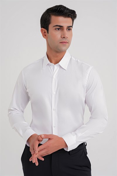 Slim Fit Erkek Yaka Esnek Pamuklu Beyaz Gömlek GK 747