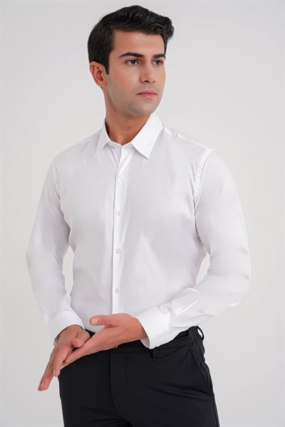 Slim Fit Erkek Yaka Esnek Pamuklu Beyaz Gömlek GK 747