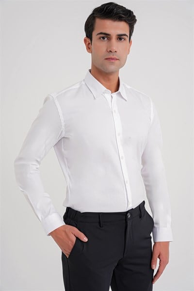 Slim Fit Erkek Yaka Esnek Pamuklu Beyaz Gömlek GK 747