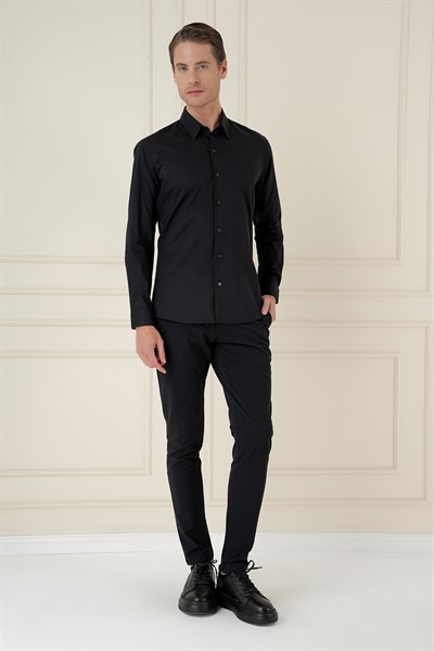 Slim Fit Erkek Yaka Esnek Pamuklu Siyah Gömlek GK 747