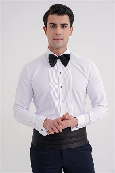 Slim Fit Erkek Yaka Önü Pliseli Beyaz Smokin Gömlek GK 730