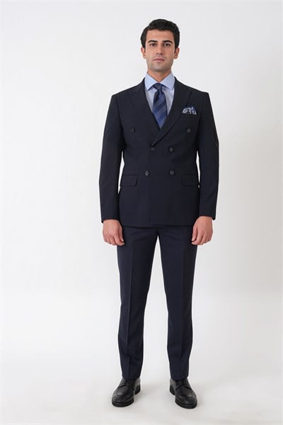 Slim Fit Esnek %97 Yünlü Düz Lacivert Kruvaze Takım Elbise TK 956
