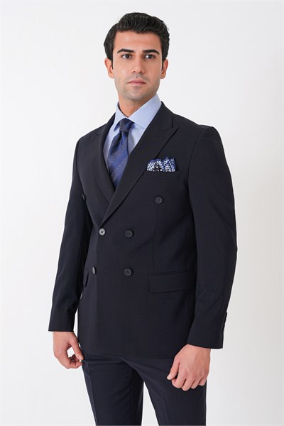 Slim Fit Esnek %97 Yünlü Düz Lacivert Kruvaze Takım Elbise TK 956