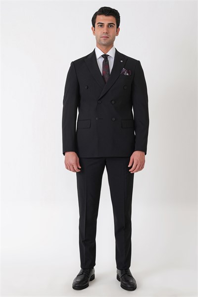 Slim Fit Esnek %97 Yünlü Düz Siyah Kruvaze Takım Elbise TK 956