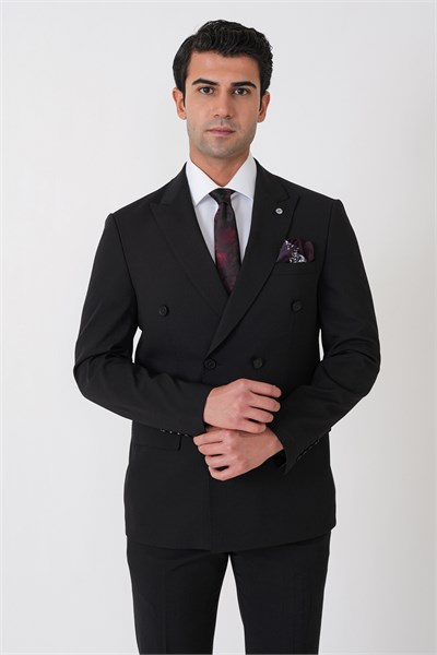 Slim Fit Esnek %97 Yünlü Düz Siyah Kruvaze Takım Elbise TK 956