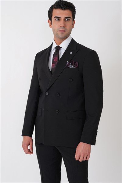 Slim Fit Esnek %97 Yünlü Düz Siyah Kruvaze Takım Elbise TK 956