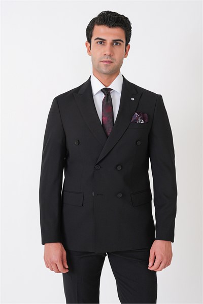 Slim Fit Esnek %97 Yünlü Düz Siyah Kruvaze Takım Elbise TK 956
