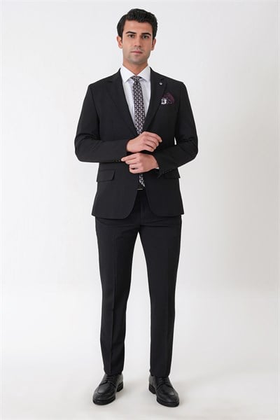 Slim Fit Esnek %97 Yünlü Düz Siyah Takım Elbise TK 957