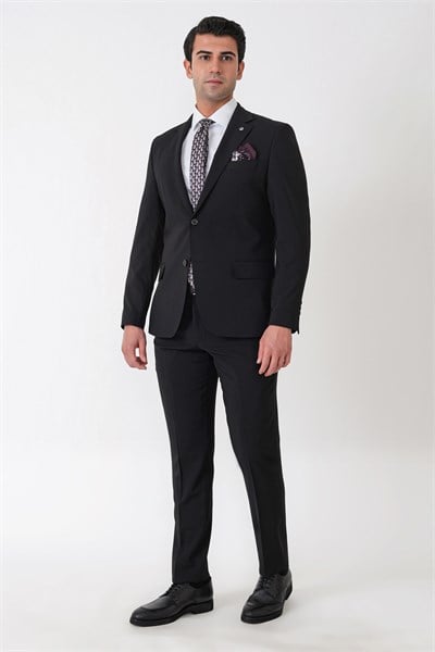 Slim Fit Esnek %97 Yünlü Düz Siyah Takım Elbise TK 957