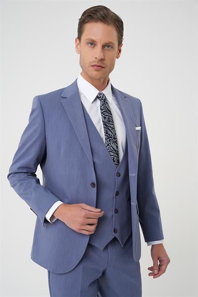 Slim Fit Esnek Çift Yırtmaç Yelekli Düz Klasik Havacı Mavi Takım Elbise  Tk 901