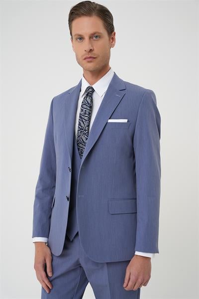 Slim Fit Esnek Çift Yırtmaç Yelekli Düz Klasik Havacı Mavi Takım Elbise  Tk 901