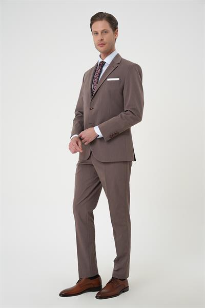 Slim Fit Esnek Çift Yırtmaç Yelekli Düz Klasik Vizon Takım Elbise  Tk 901