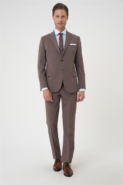 Slim Fit Esnek Çift Yırtmaç Yelekli Düz Klasik Vizon Takım Elbise  Tk 901