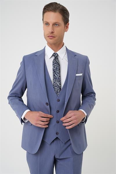 Slim Fit Esnek Çift Yırtmaç Yelekli Düz Klasik Havacı Mavi Takım Elbise  Tk 901