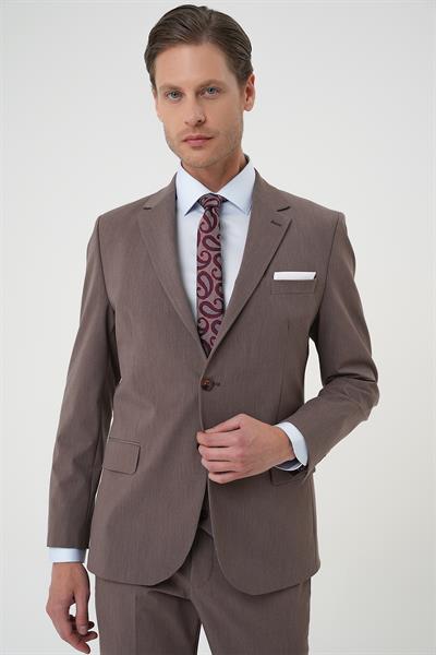 Slim Fit Esnek Çift Yırtmaç Yelekli Düz Klasik Vizon Takım Elbise  Tk 901
