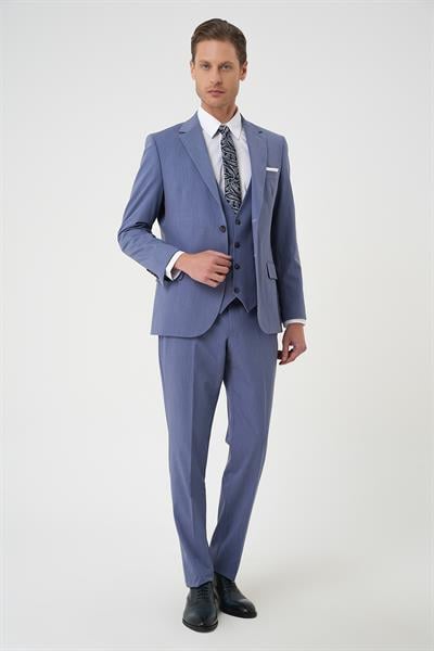 Slim Fit Esnek Çift Yırtmaç Yelekli Düz Klasik Havacı Mavi Takım Elbise  Tk 901