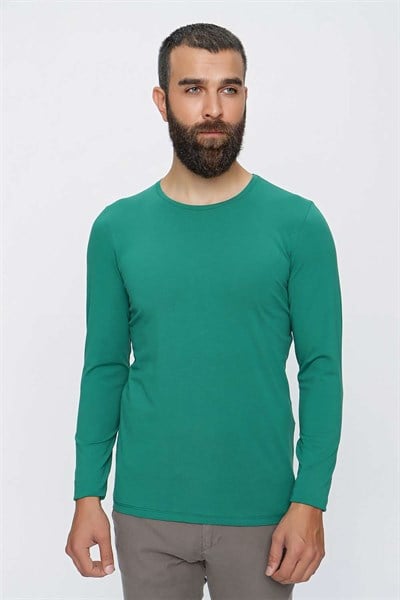 Slim Fit Esnek Pamuklu Bisiklet Yaka Uzun Kollu Yeşil Tişört TS 830