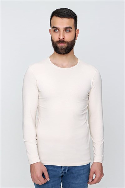 Slim Fit Esnek Pamuklu Bisiklet Yaka Uzun Kollu Bej Tişört TS 830