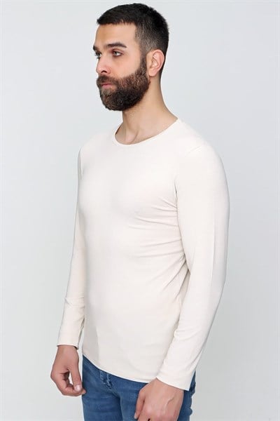 Slim Fit Esnek Pamuklu Bisiklet Yaka Uzun Kollu Bej Tişört TS 830