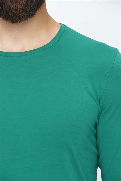 Slim Fit Esnek Pamuklu Bisiklet Yaka Uzun Kollu Yeşil Tişört TS 830