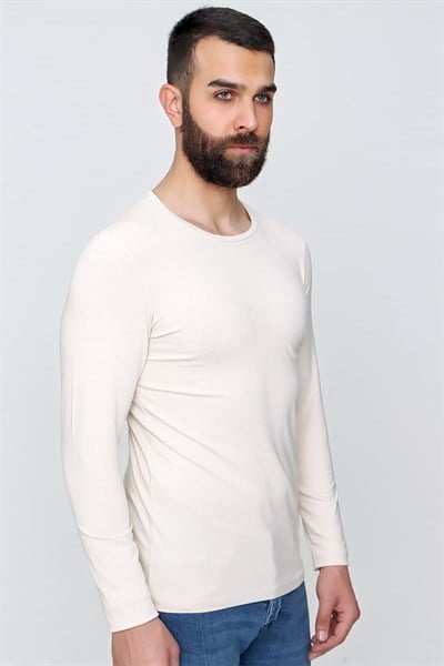Slim Fit Esnek Pamuklu Bisiklet Yaka Uzun Kollu Bej Tişört TS 830