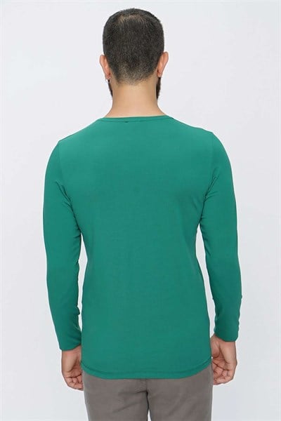 Slim Fit Esnek Pamuklu Bisiklet Yaka Uzun Kollu Yeşil Tişört TS 830