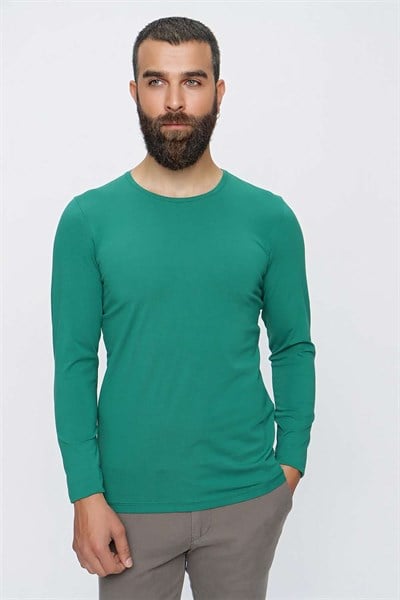 Slim Fit Esnek Pamuklu Bisiklet Yaka Uzun Kollu Yeşil Tişört TS 830