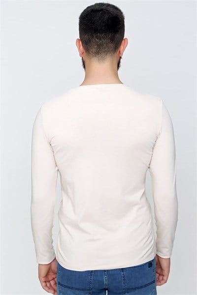 Slim Fit Esnek Pamuklu Bisiklet Yaka Uzun Kollu Bej Tişört TS 830