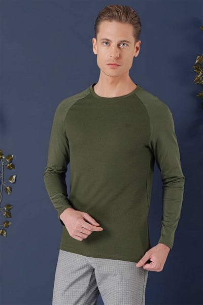 Slim Fit Esnek Pamuklu Doku Desenli Uzun Kollu Haki Tişört TS 872