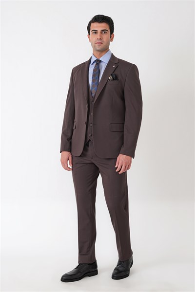 Slim Fit Esnek Pamuklu Dokulu Kahverengi Yelekli Takım Elbise TK 959