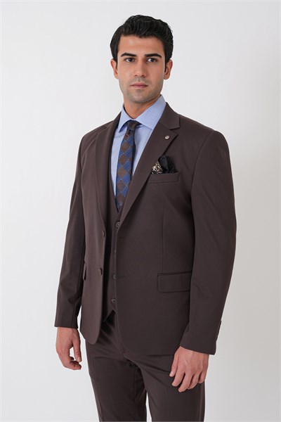 Slim Fit Esnek Pamuklu Dokulu Kahverengi Yelekli Takım Elbise TK 959