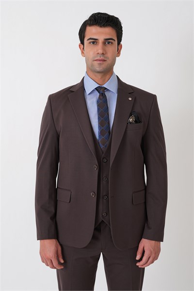 Slim Fit Esnek Pamuklu Dokulu Kahverengi Yelekli Takım Elbise TK 959