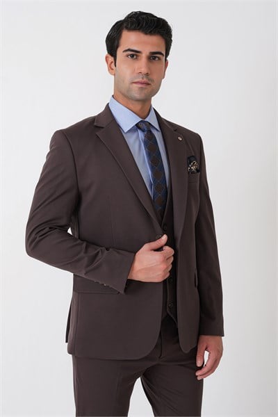 Slim Fit Esnek Pamuklu Dokulu Kahverengi Yelekli Takım Elbise TK 959