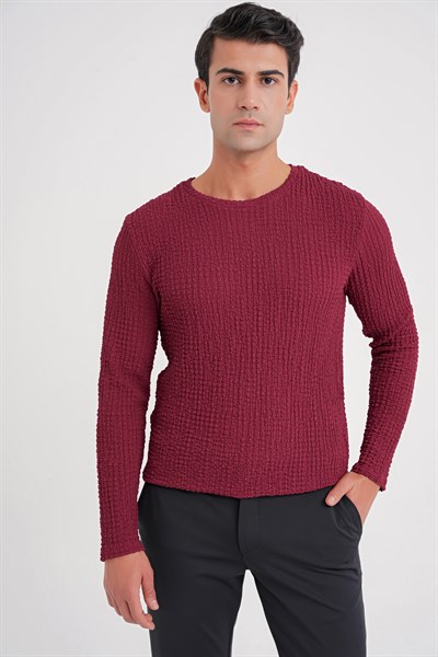 Slim Fit Esnek Pamuklu Dokulu Kumaş Uzun Kollu Bordo Tişört TS 934