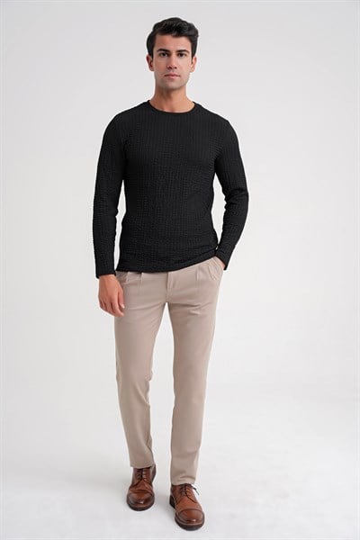 Slim Fit Esnek Pamuklu Dokulu Kumaş Uzun Kollu Siyah Tişört TS 916