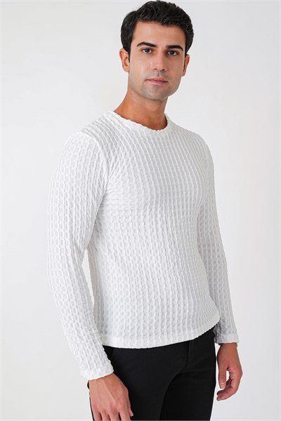Slim Fit Esnek Pamuklu Dokulu Kumaş Uzun Kollu Ekru Tişört TS 934