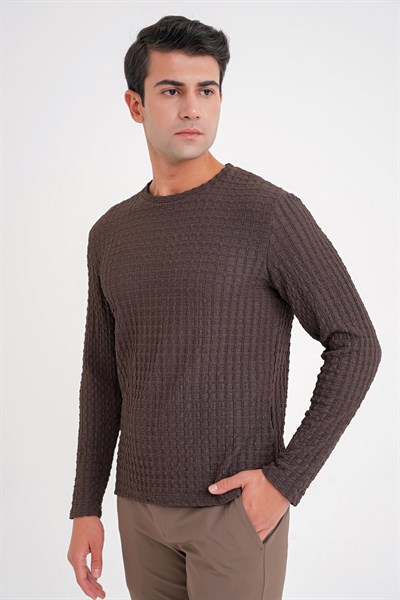 Slim Fit Esnek Pamuklu Dokulu Kumaş Uzun Kollu Kahverengi Tişört TS 934