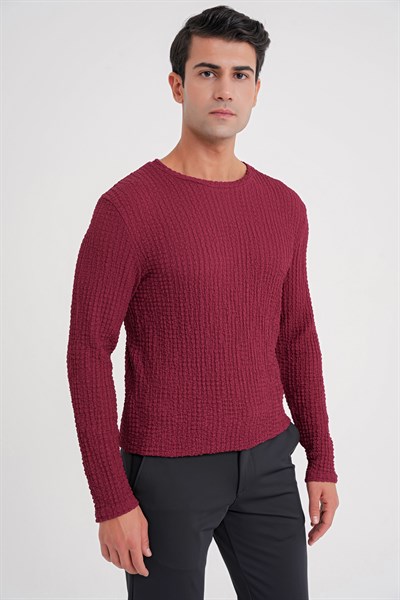 Slim Fit Esnek Pamuklu Dokulu Kumaş Uzun Kollu Bordo Tişört TS 934