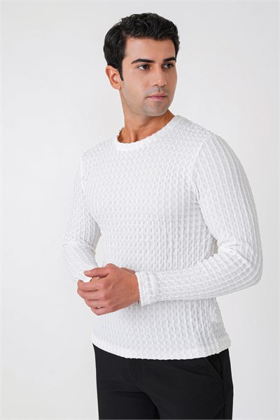 Slim Fit Esnek Pamuklu Dokulu Kumaş Uzun Kollu Ekru Tişört TS 934