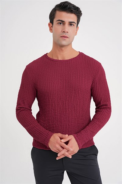 Slim Fit Esnek Pamuklu Dokulu Kumaş Uzun Kollu Bordo Tişört TS 934