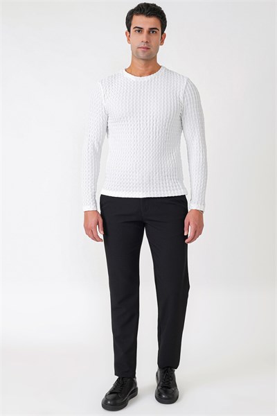 Slim Fit Esnek Pamuklu Dokulu Kumaş Uzun Kollu Ekru Tişört TS 934