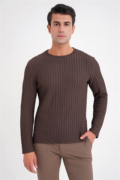Slim Fit Esnek Pamuklu Dokulu Kumaş Uzun Kollu Kahverengi Tişört TS 934