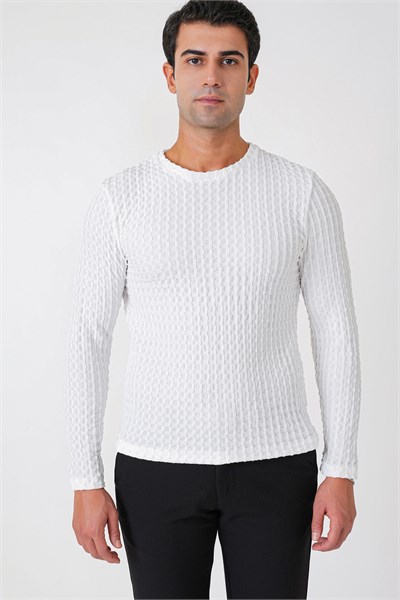 Slim Fit Esnek Pamuklu Dokulu Kumaş Uzun Kollu Ekru Tişört TS 934