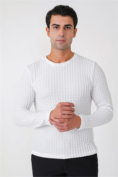 Slim Fit Esnek Pamuklu Dokulu Kumaş Uzun Kollu Ekru Tişört TS 934