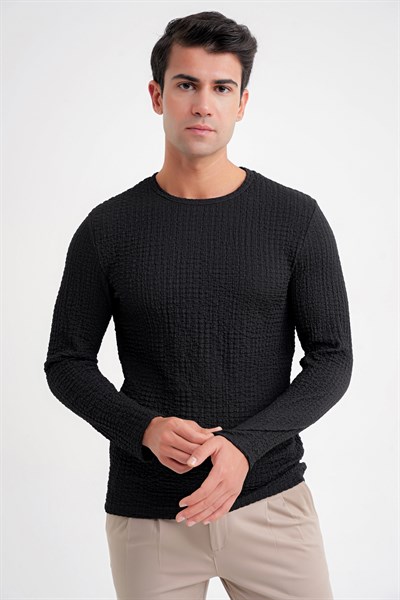 Slim Fit Esnek Pamuklu Dokulu Kumaş Uzun Kollu Siyah Tişört TS 934