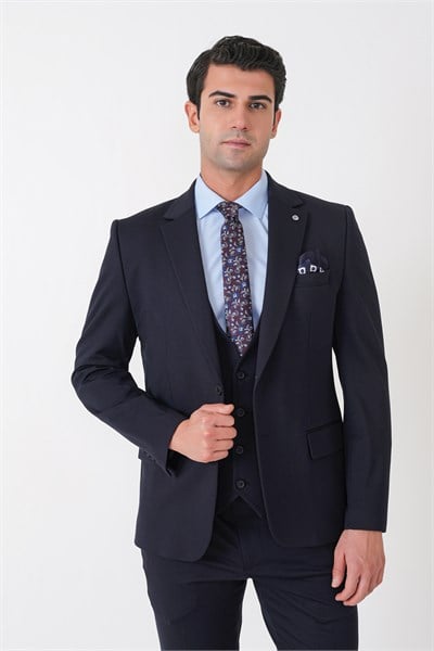 Slim Fit Esnek Pamuklu Dokulu Lacivert Yelekli Takım Elbise TK 959