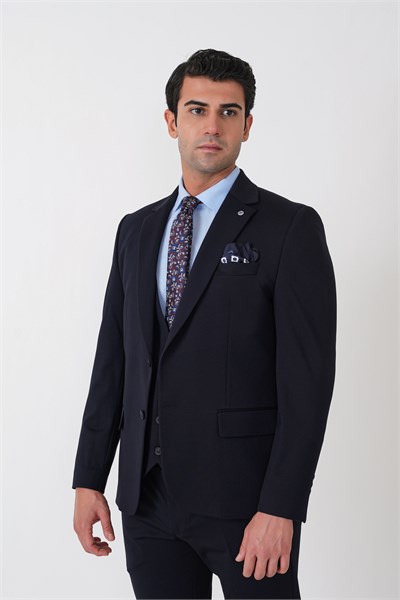 Slim Fit Esnek Pamuklu Dokulu Lacivert Yelekli Takım Elbise TK 959