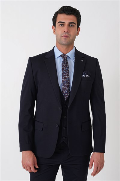 Slim Fit Esnek Pamuklu Dokulu Lacivert Yelekli Takım Elbise TK 959
