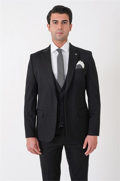Slim Fit Esnek Pamuklu Dokulu Siyah Yelekli Takım Elbise TK 959